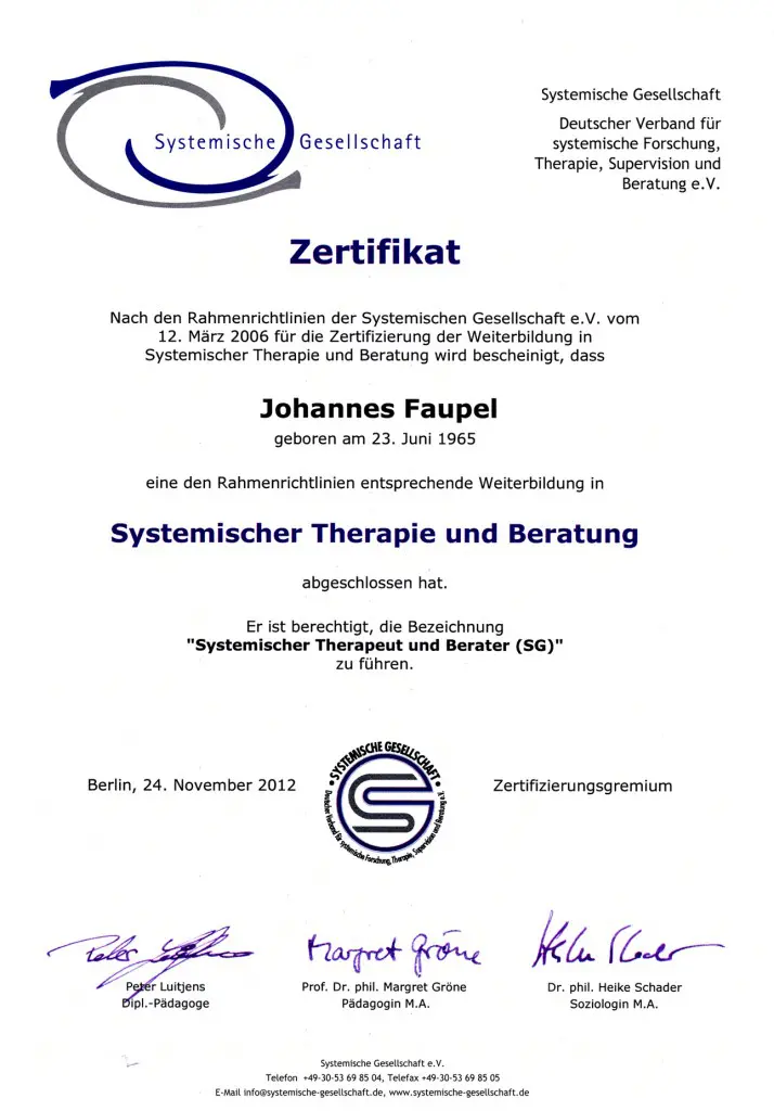 Systemic Society Berlin Certificate Johannes Faupel Systemic Therapist